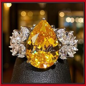 NEW WHITE GOLD CITRINE PEAR SIMULATED DIAMOND CLUSTER CANARY YELLOW RING